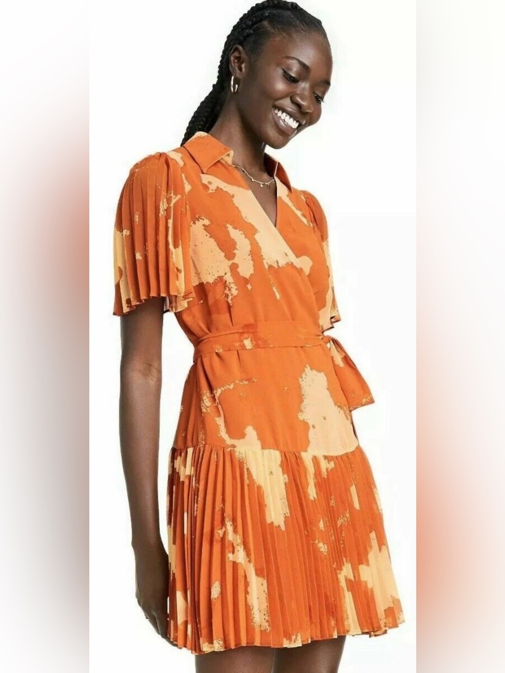Alexis for Target Orange and Cream Pleated Wrap Mini Dress Small - Picture 2 of 9